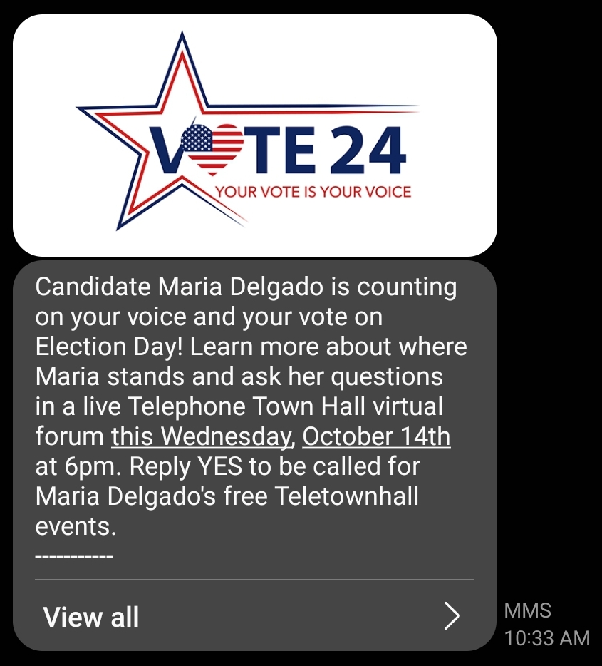 Branded P2P MMS Text Alerts for political candidates and campaigns - promote Teletownhalls, GOTV, deliver important information, drive traffic to targeted web pages