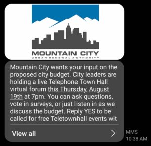 Branded P2P MMS Text Alerts for cities and counties - promote teletownhalls, deliver important information, drive traffic to targeted web pages