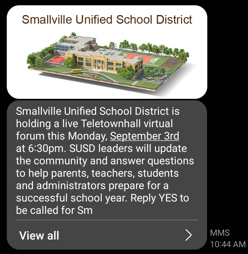 Branded P2P MMS Text Alerts for school districts - promote teletownhalls, deliver important information, drive traffic to targeted web pages