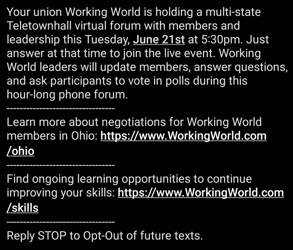 Branded P2P MMS Text Alerts for labor unions detail - use full native links and a banner image to authenticate your messaging and develop trust