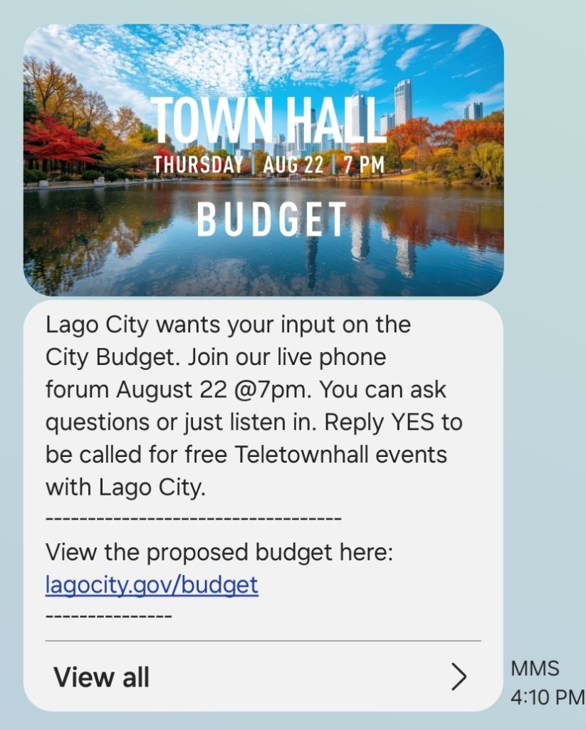 Lago City Budget Telephone Town Hall P2P MMS Text slim version