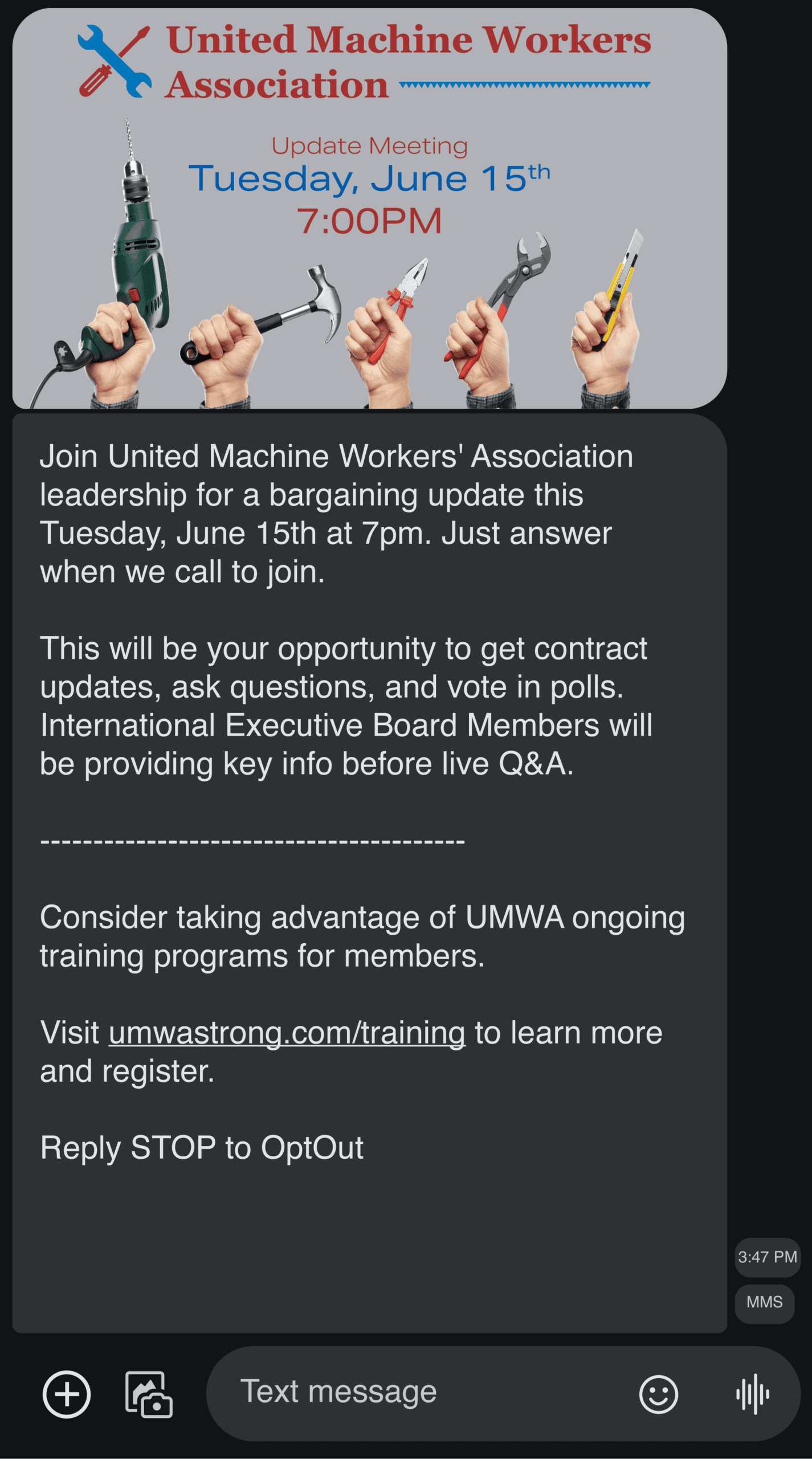 Labor Unions Sample MMS Branded Text